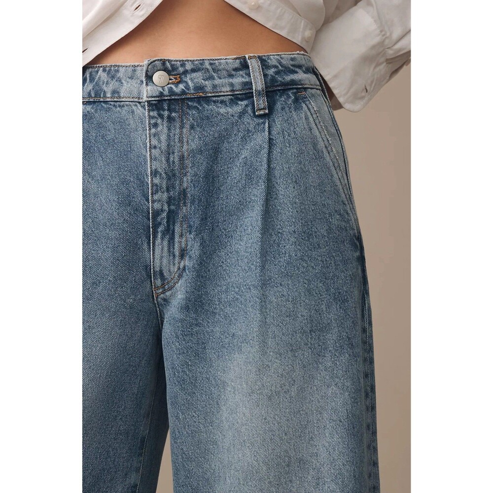 Anthropologie Pilcro High Rise Pleated Wide Leg Cuff Trouser Jeans Blue Size 31 - Picture 3 of 12
